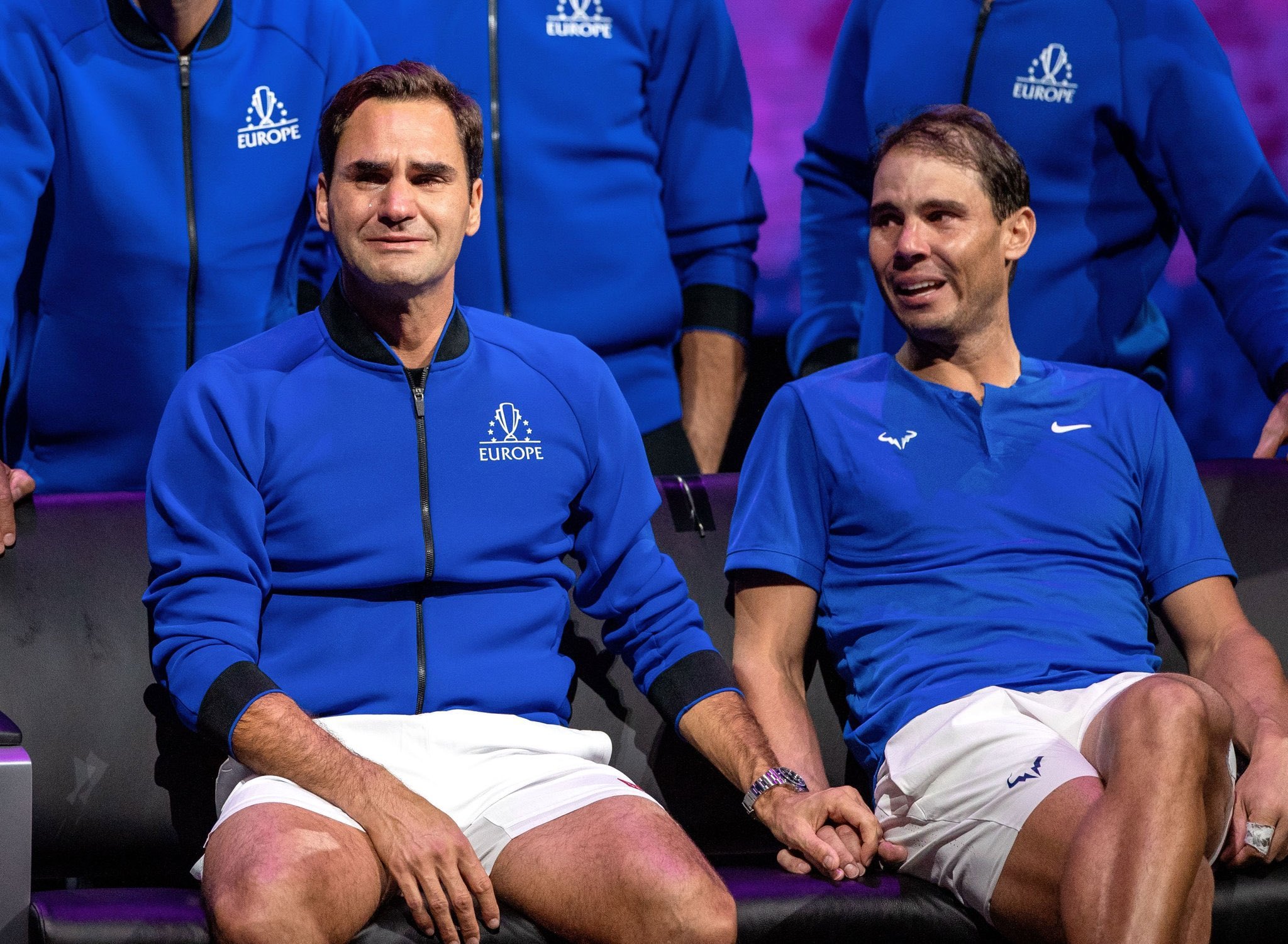 Roger Federer and Rafael Nadal holding hands in tears at the Laver Cup 2022